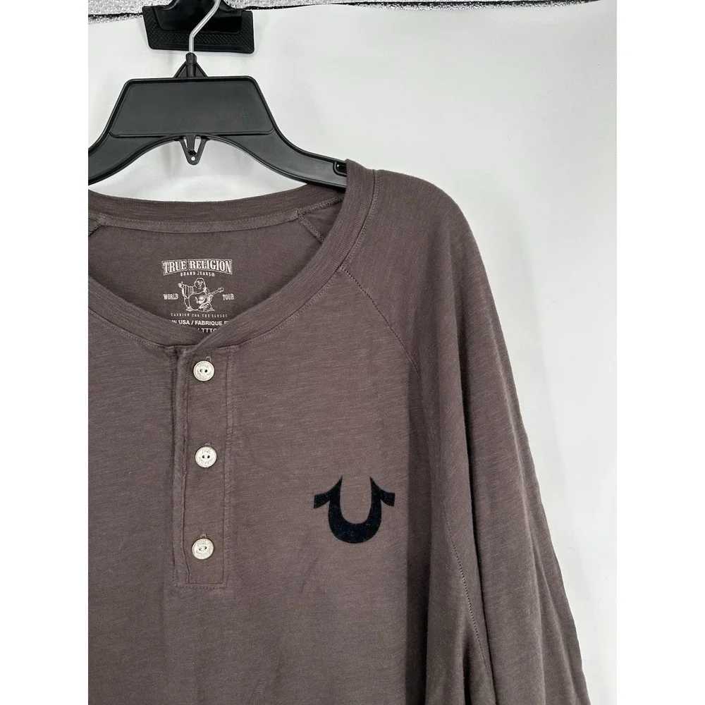 True Religion Flocked Horseshoe Slub Henley Long Sleeve Charcoal Mens 3XL XXXL‎